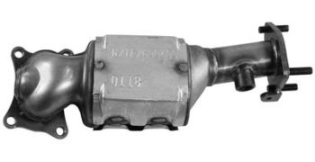 An exhaust manifold, not in a vehicle, on top of a white background.