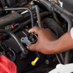 a hand holding an ignition coil to demonstrate it's location